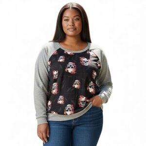 TORRID 1X Gray Sweatshirt Chiffon Black Red Skull Front R $59